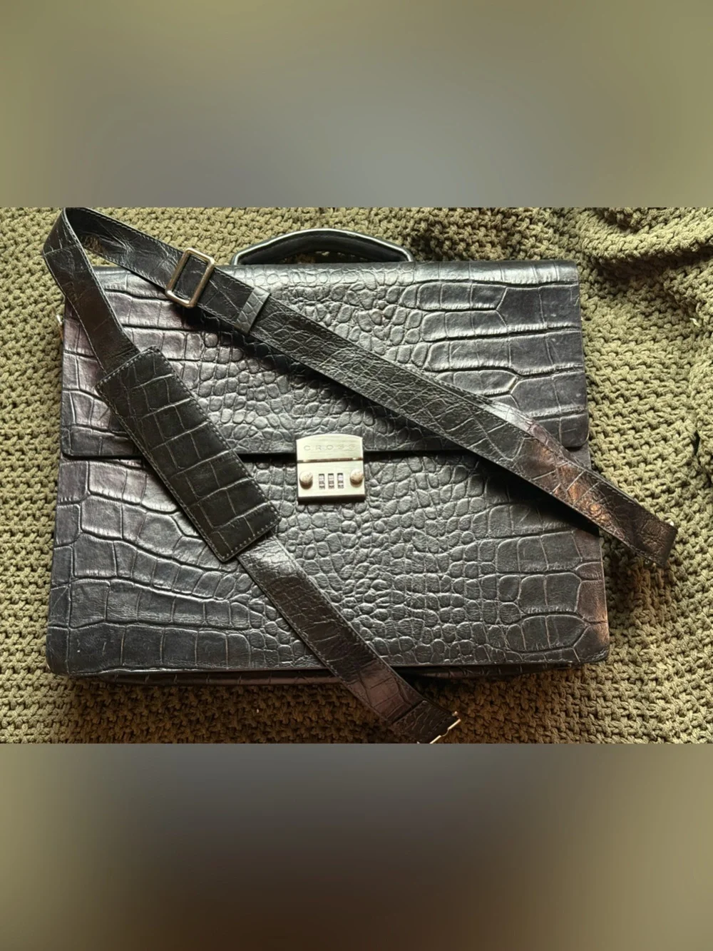 Black Croc-Embossed Leather Briefcase with Combination Lock